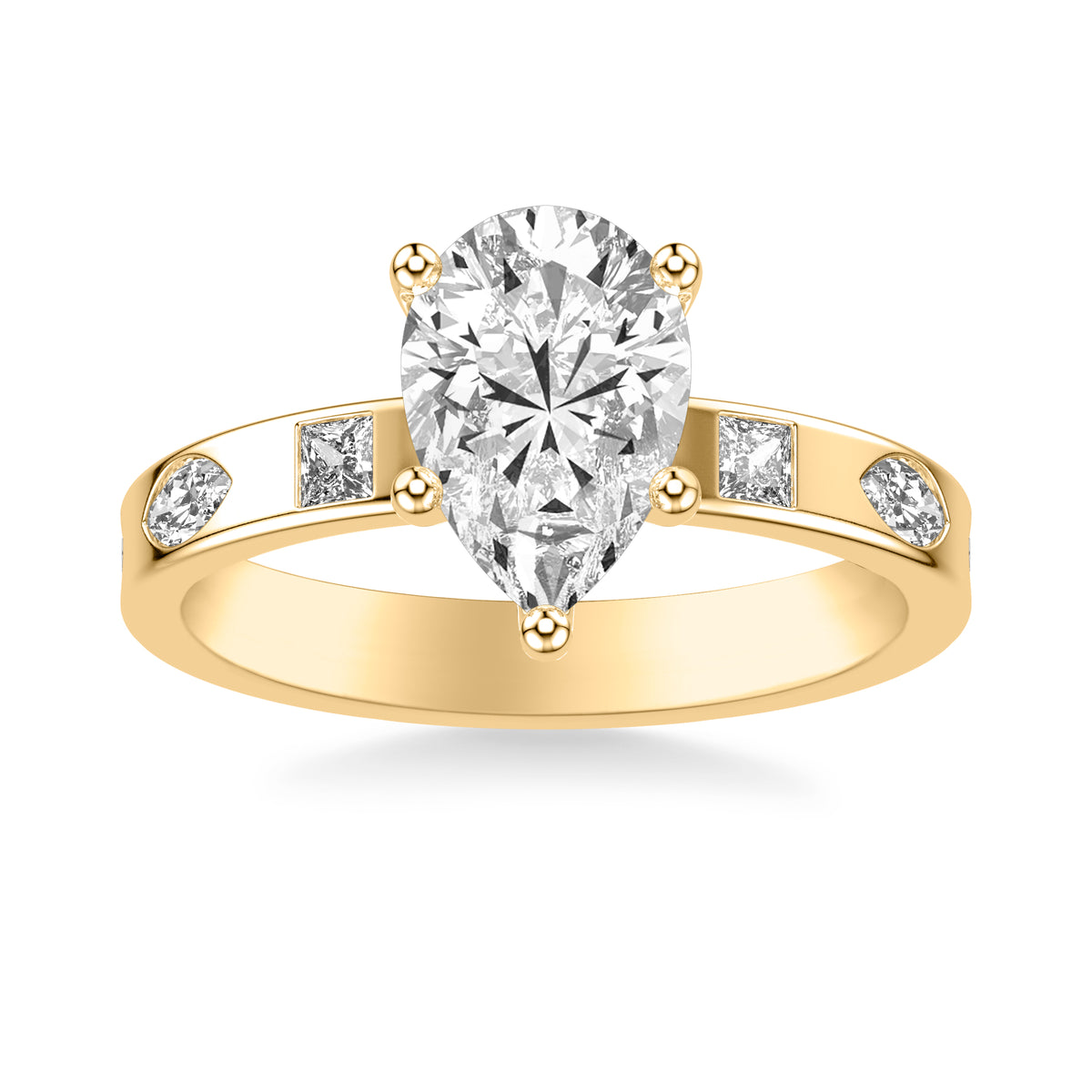 Contemporary Wide Band Engagement Ring with Bezel Set  Princess and Marquise and Pear Diamond Distance Polished Shank