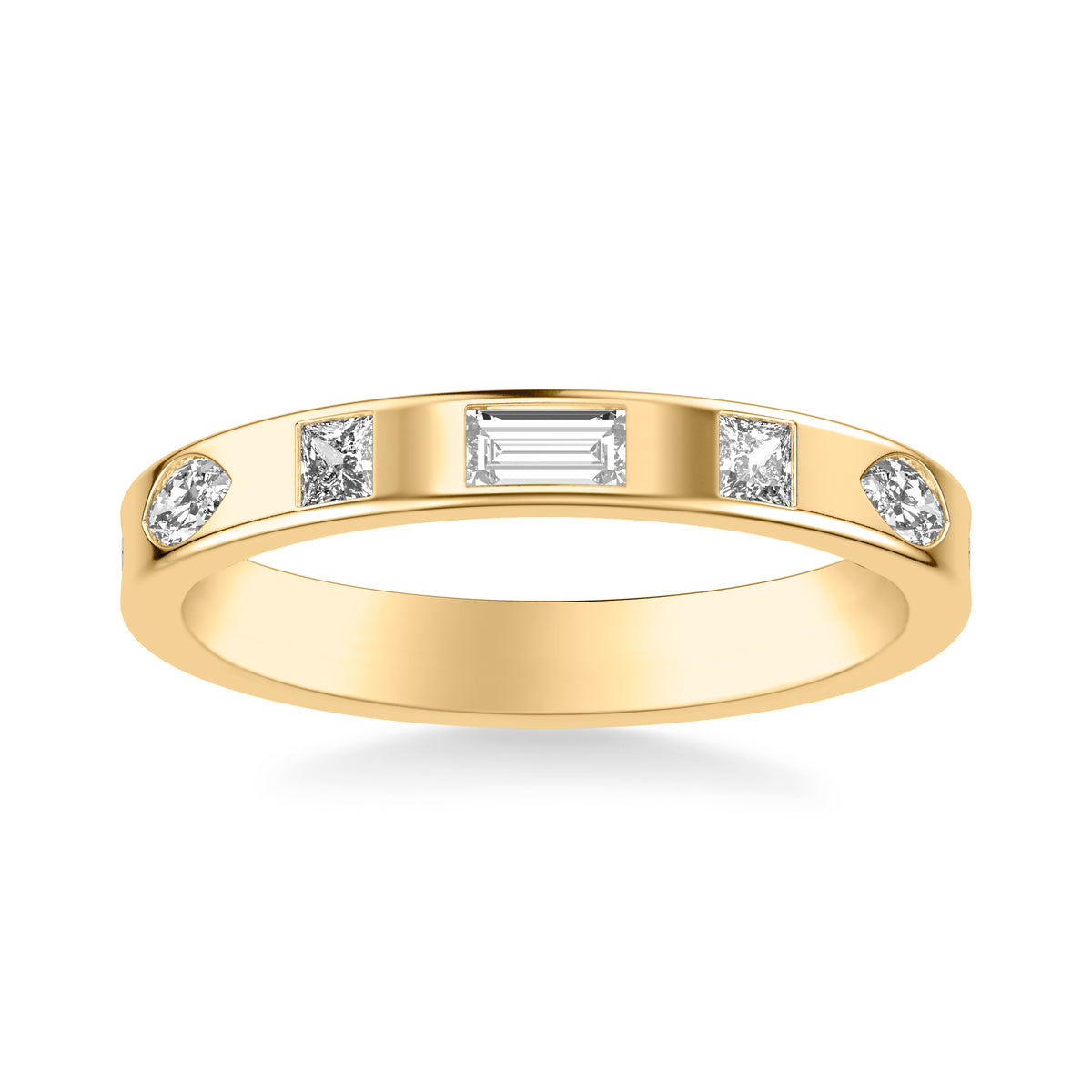 Contemporary Wide Wedding Band with Bezel Set Princess and Marquise and Pear and Baguette Diamond Distance Polished Band