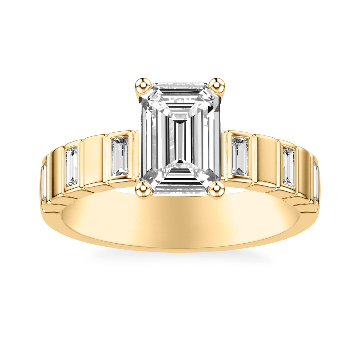 Contemporary Beveled Engagement Ring with Alternating Bezel Set North/South Baguette Diamonds and Polished Sections