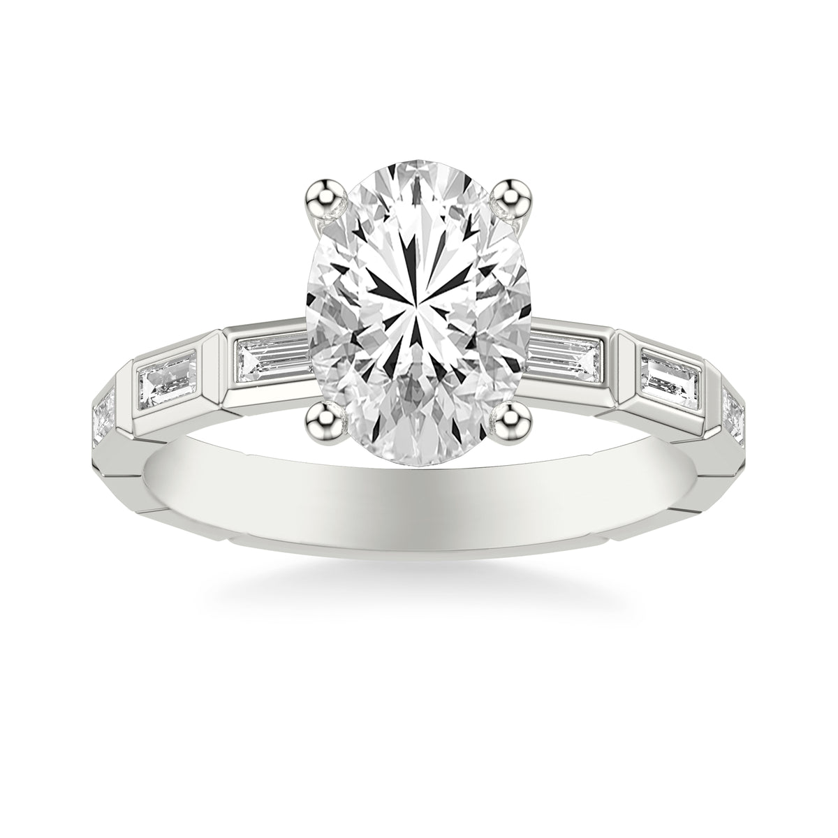Contemporary Beveled Engagement Ring with Bezel Set East/West Baguette Diamonds