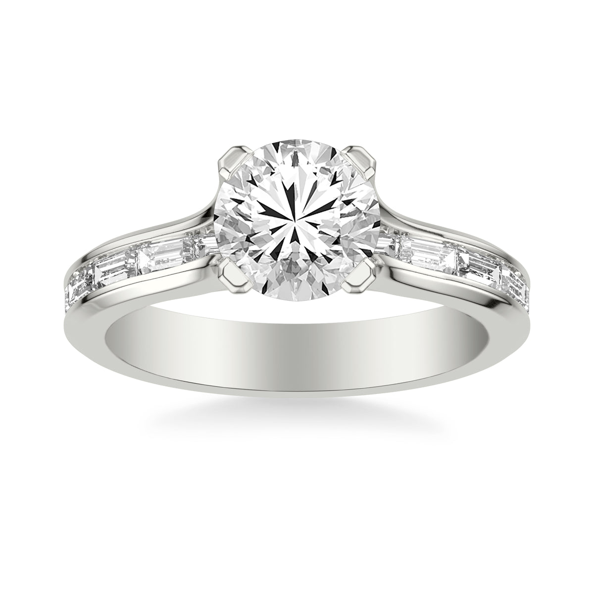Contemporary Beveled Engagement Ring with Continuous Channel Set East/West Baguette Diamond Shank