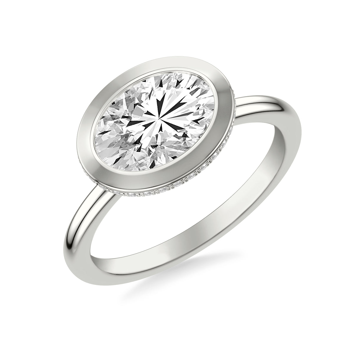 Contemporary East-West Bezel Set Engagement Ring with Hidden Halo and Polished Shank