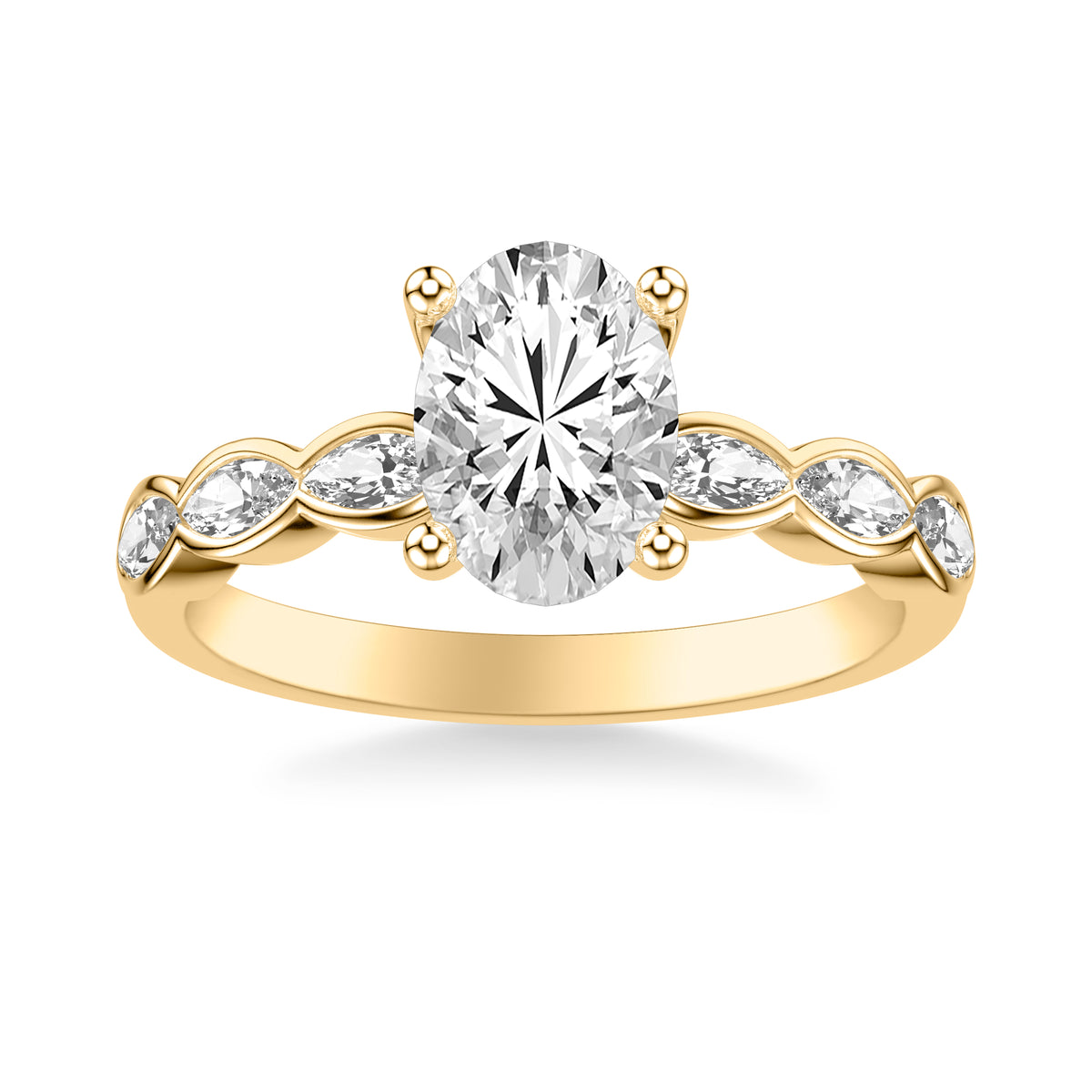 Contemporary Engagement Ring with East-West Bezel Set Marquise Diamond Scalloped Shank