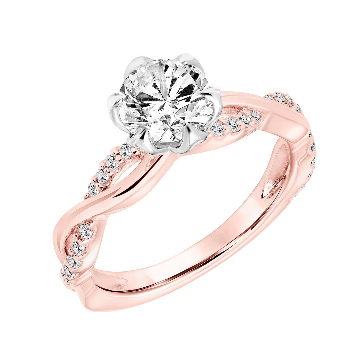 Six Prong Multi-Petal Polished Basket with Polished Collar and Half Polished, Half Diamond Open Twisted Shank
