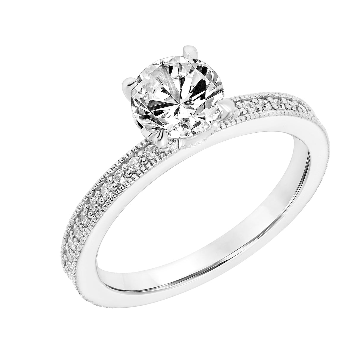 Polished Floral Basket with Double Diamond Collar and Diamond Shank with Milgrain Accent