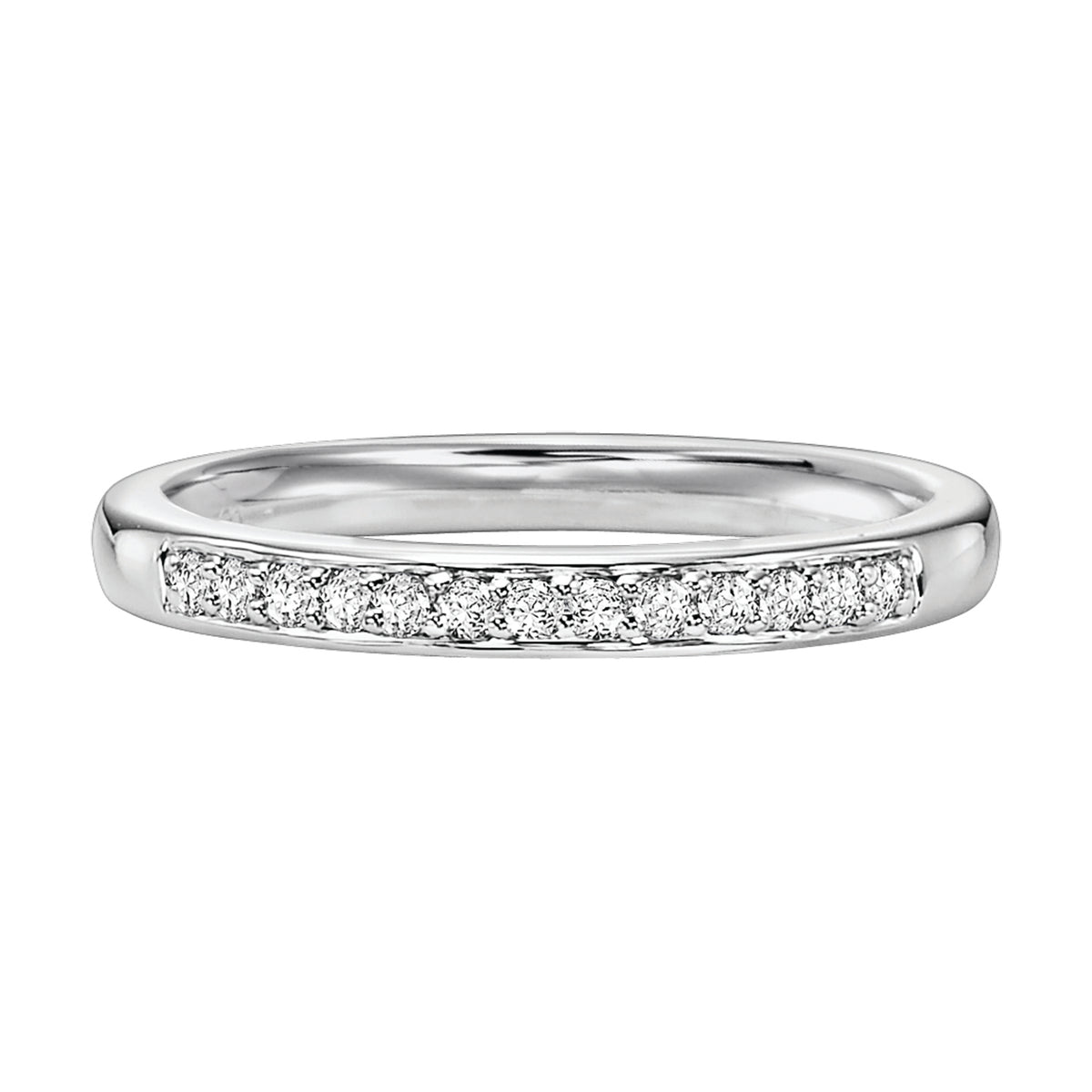 Wedding band with round, bead set diamonds.