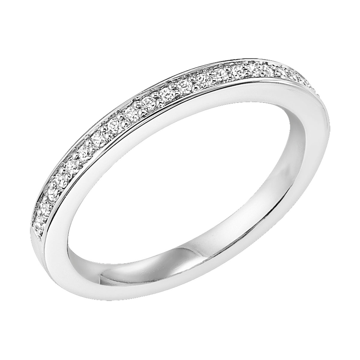 Wedding band with round, bead set diamonds halfway around.