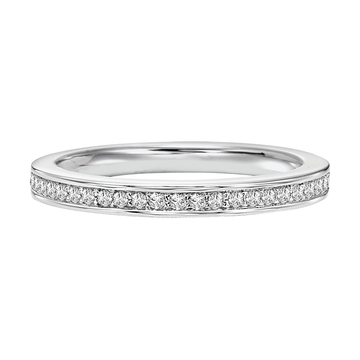 Wedding band with round, bead set diamonds halfway around.