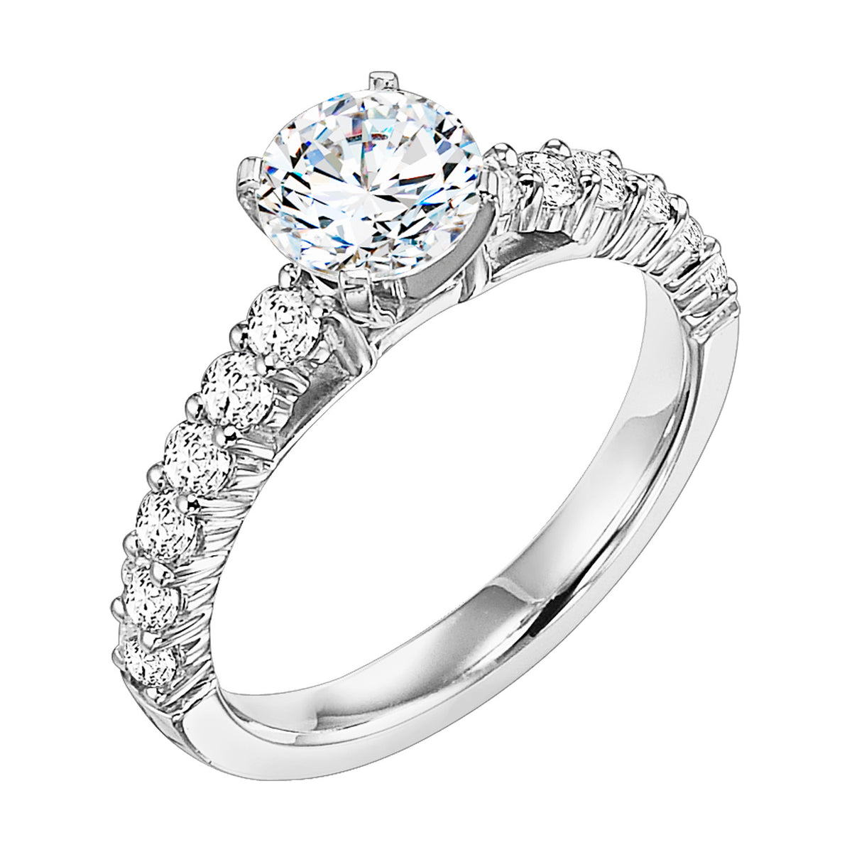 Exquisitely designed, this engagement features a 4-prong setting with magnificent shared prong diamond band
