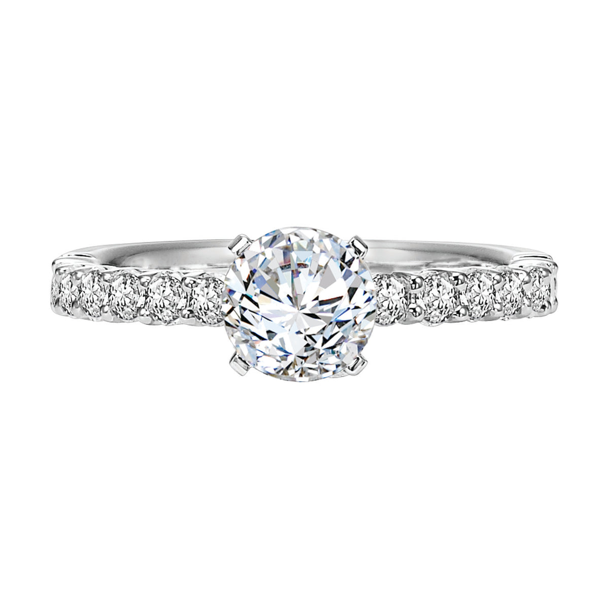 Exquisitely designed, this engagement features a 4-prong setting with magnificent shared prong diamond band