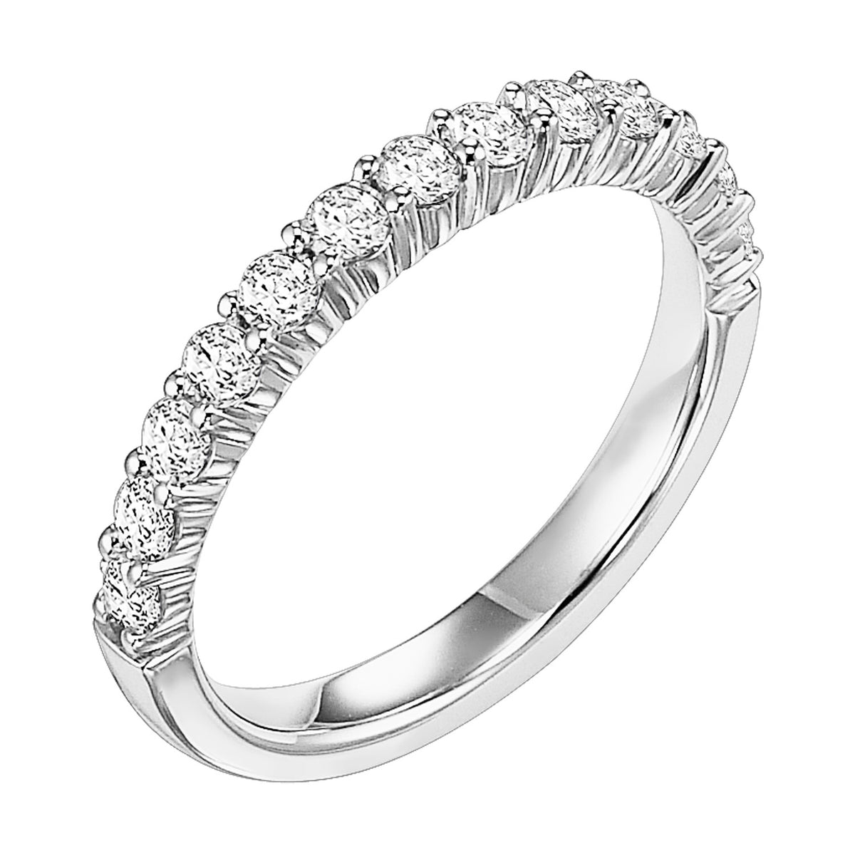 Wedding band with round, prong set diamonds halfway around.