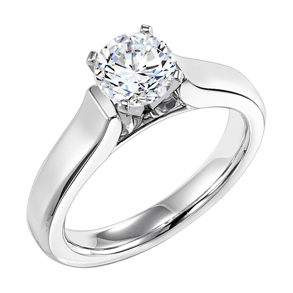 This modern solitaire features a bold, classic high polished band to brilliantly accentuate the center stone
