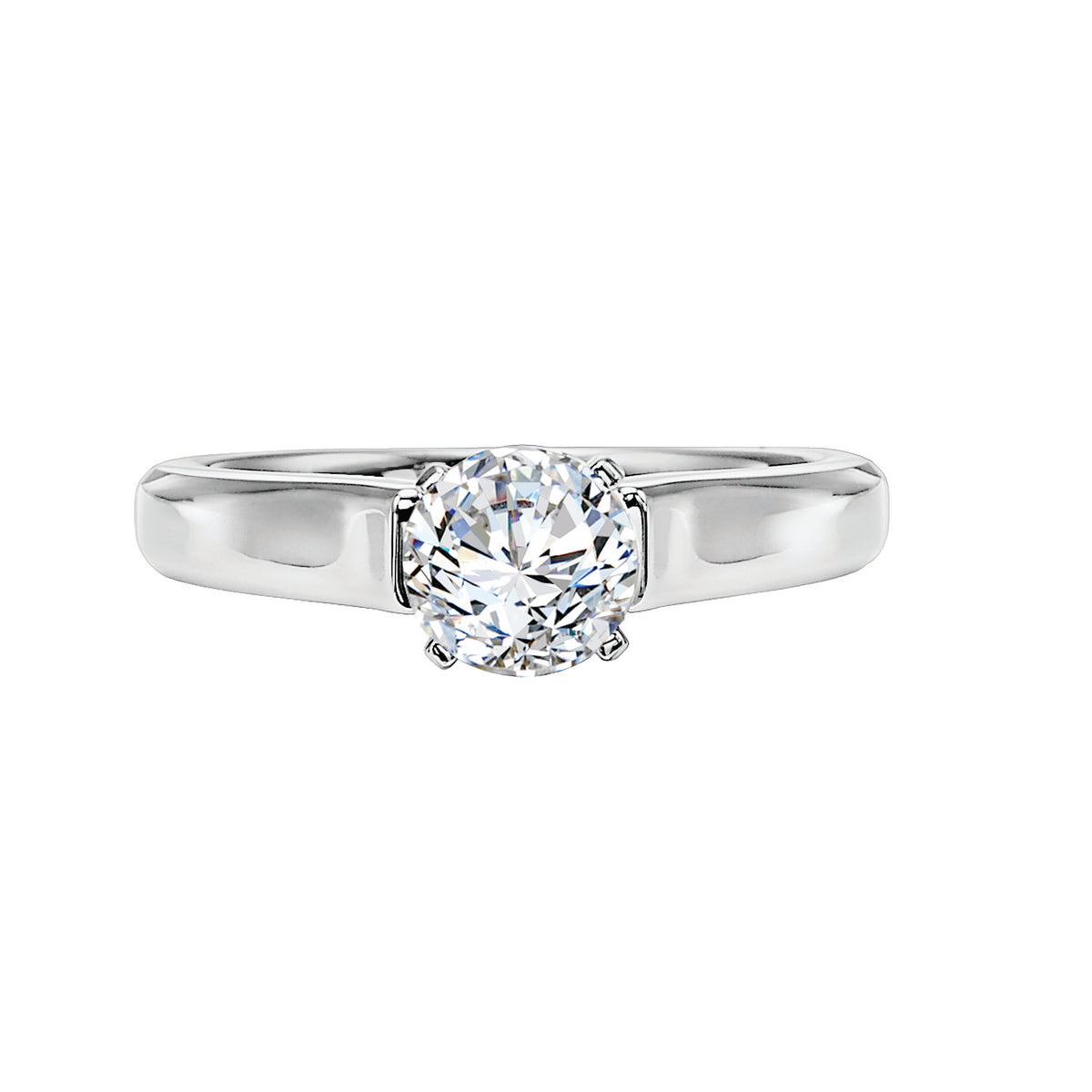 This modern solitaire features a bold, classic high polished band to brilliantly accentuate the center stone