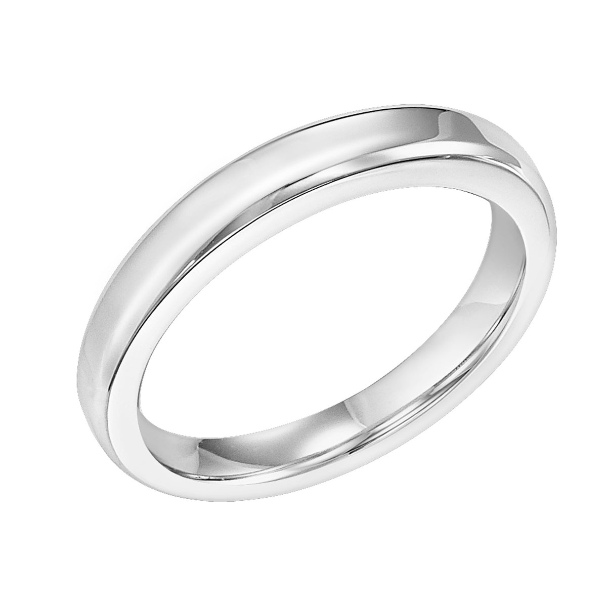 High polished wedding band designed to fit flush with matching engagement ring.