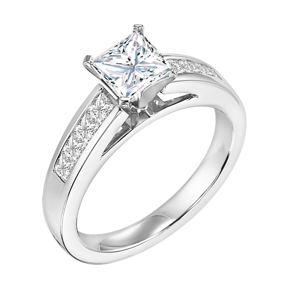 Featuring a princess cut diamond center stone with a channel set princess cut diamond band, this engagement ring is a pure show-stopper