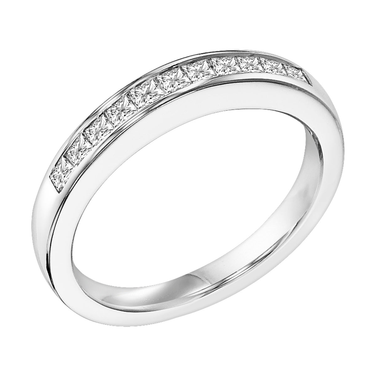 Wedding band with princess cut, channel set diamonds.