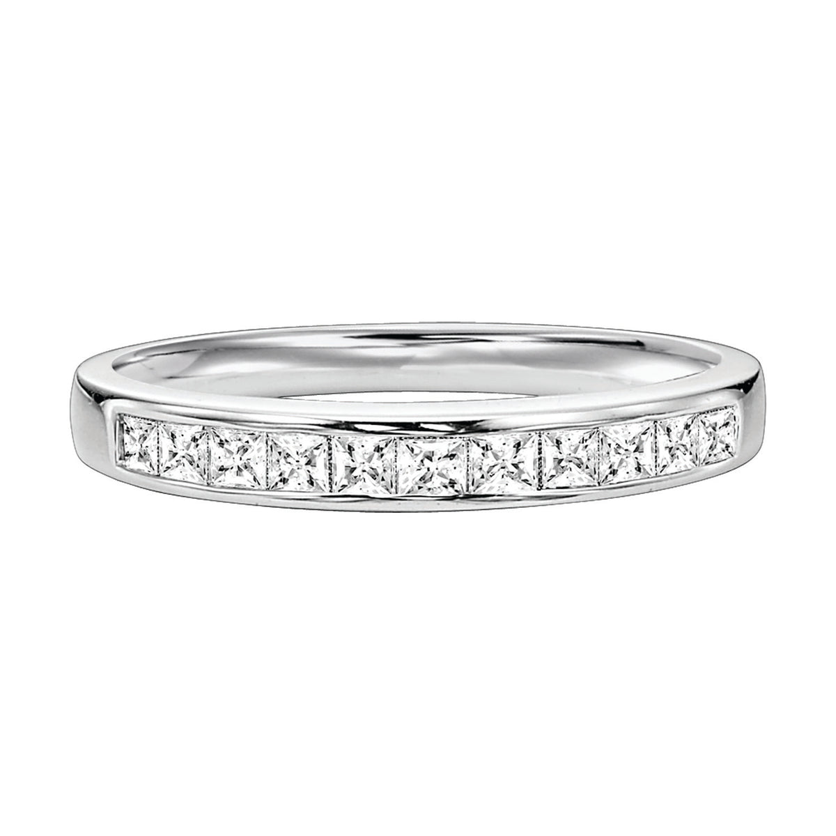 Wedding band with princess cut, channel set diamonds.