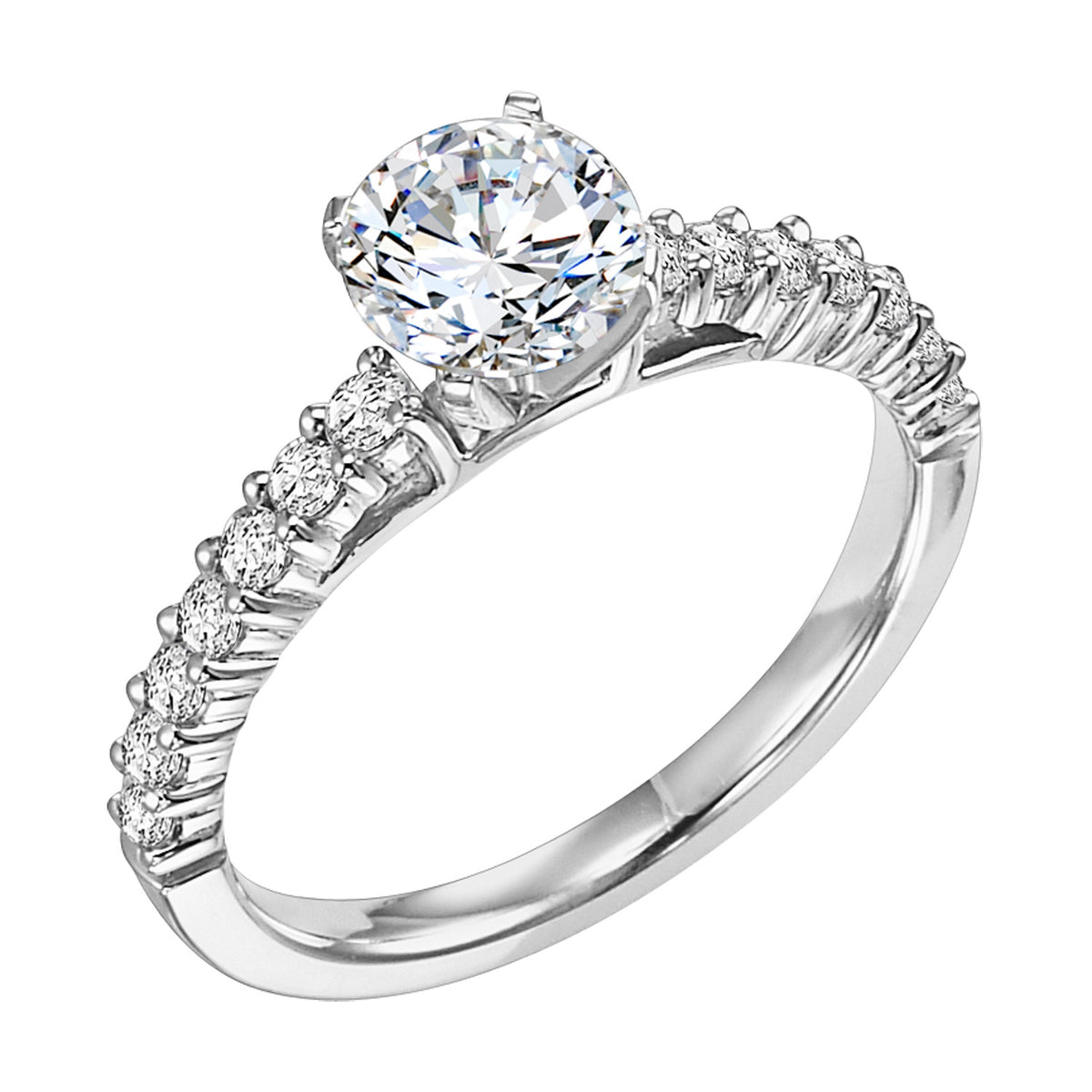 This dazzling engagement ring features a round center diamond with an exquisitely designed prong set diamond band