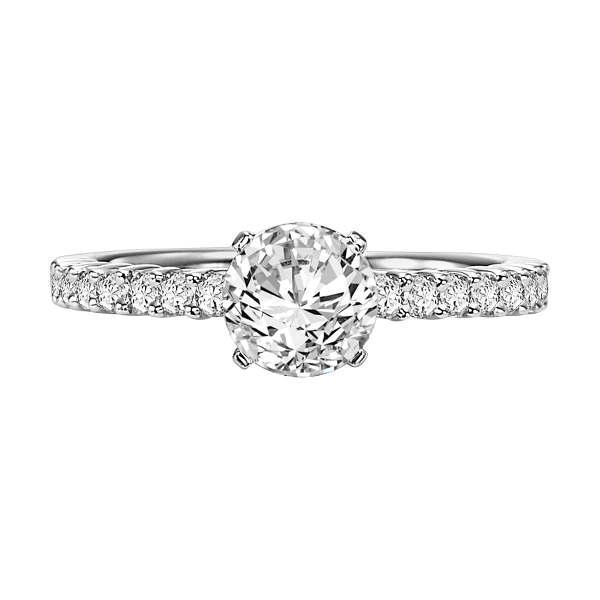 This dazzling engagement ring features a round center diamond with an exquisitely designed prong set diamond band