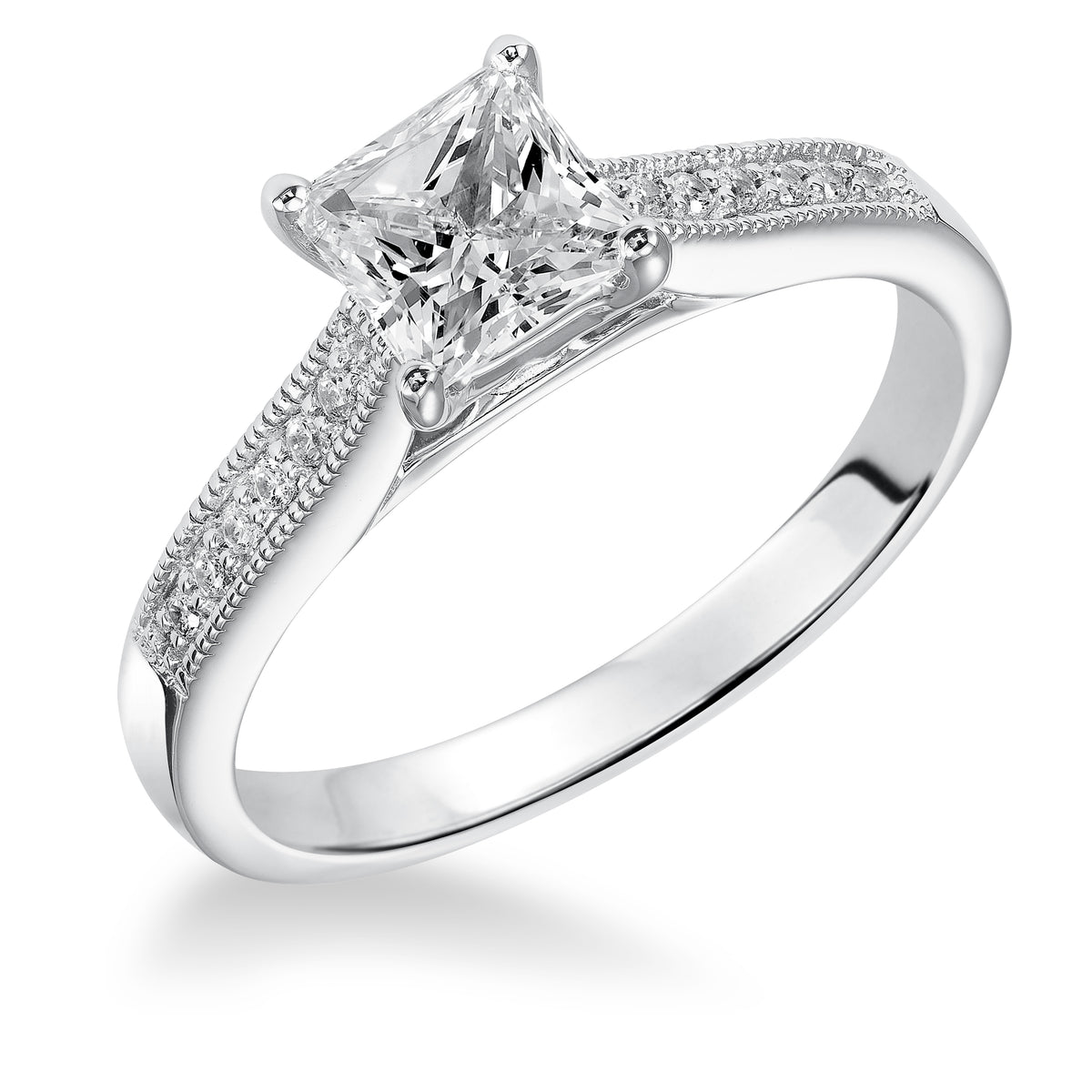Classic meets heirloom with this beautiful engagement ring featuring a princess cut center stone and a milgrain, prong set diamond band