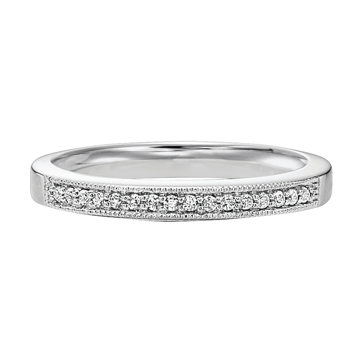 Wedding band with round, bead set diamonds halfway around and milgrain details.