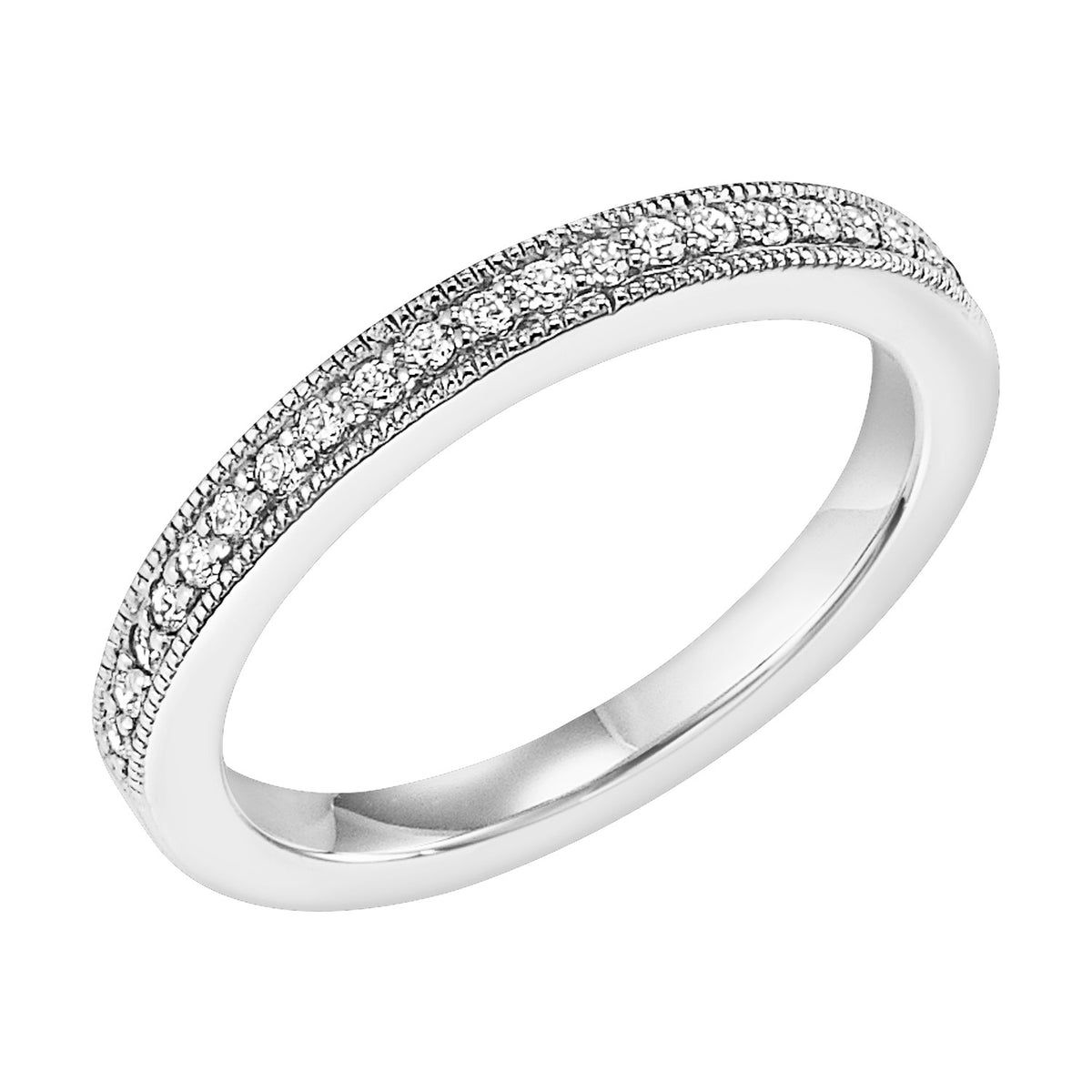 Wedding band with bead set diamonds and milgrain.