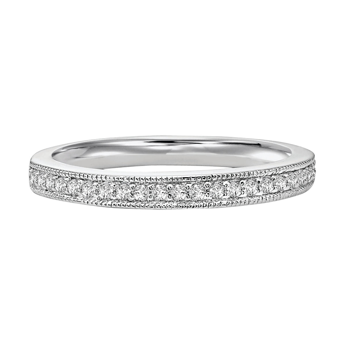 Wedding band with bead set diamonds and milgrain.