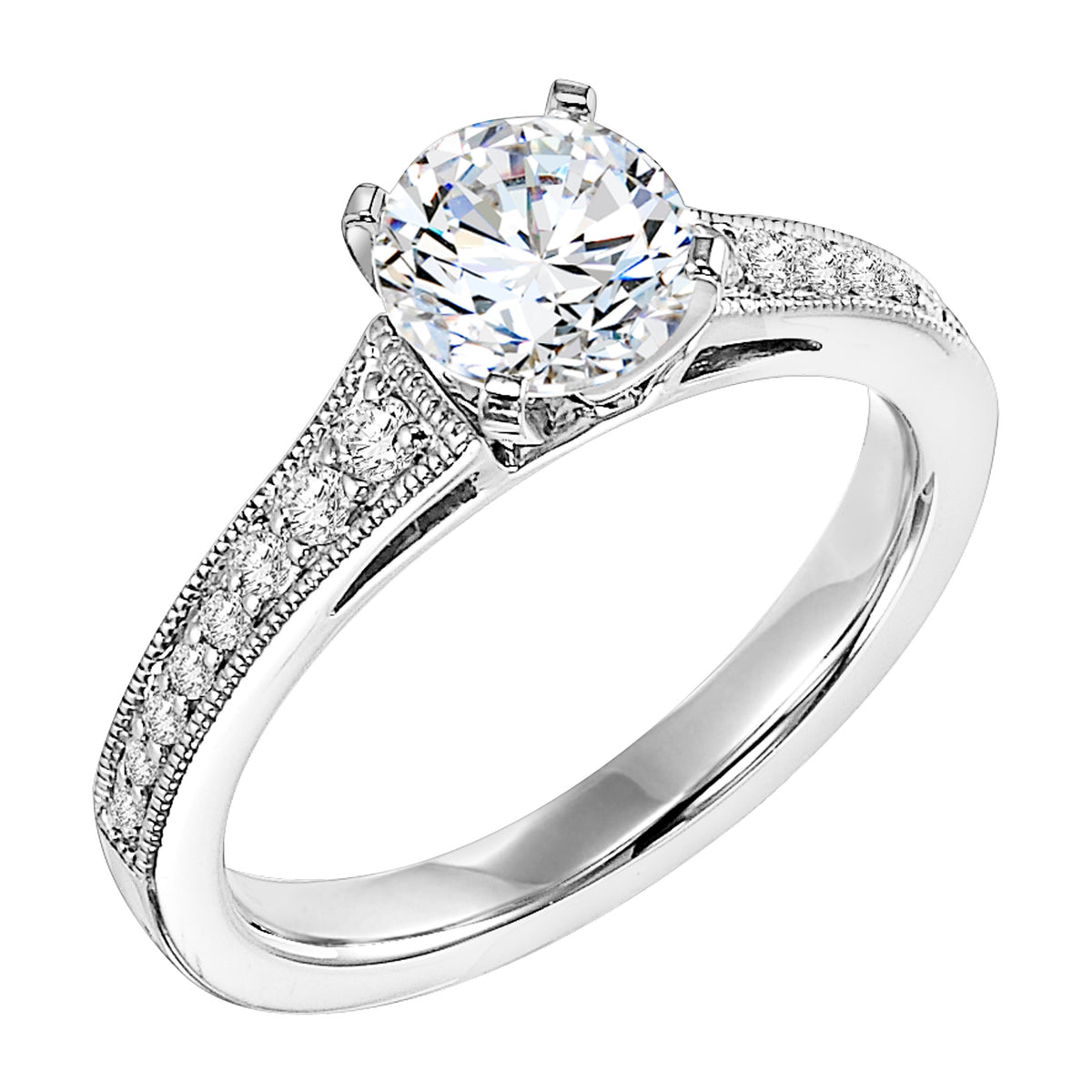 This engagement ring features a round center stone and graduating prong set diamond band with milgrain for alluring heirloom style