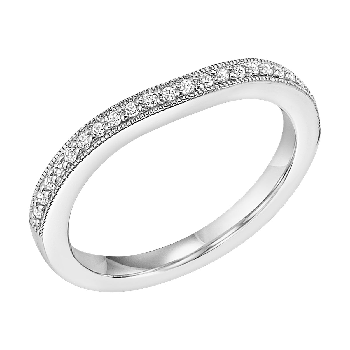 Wedding band with bead set diamonds and milgrain designed to fit flush to matching engagement ring.
