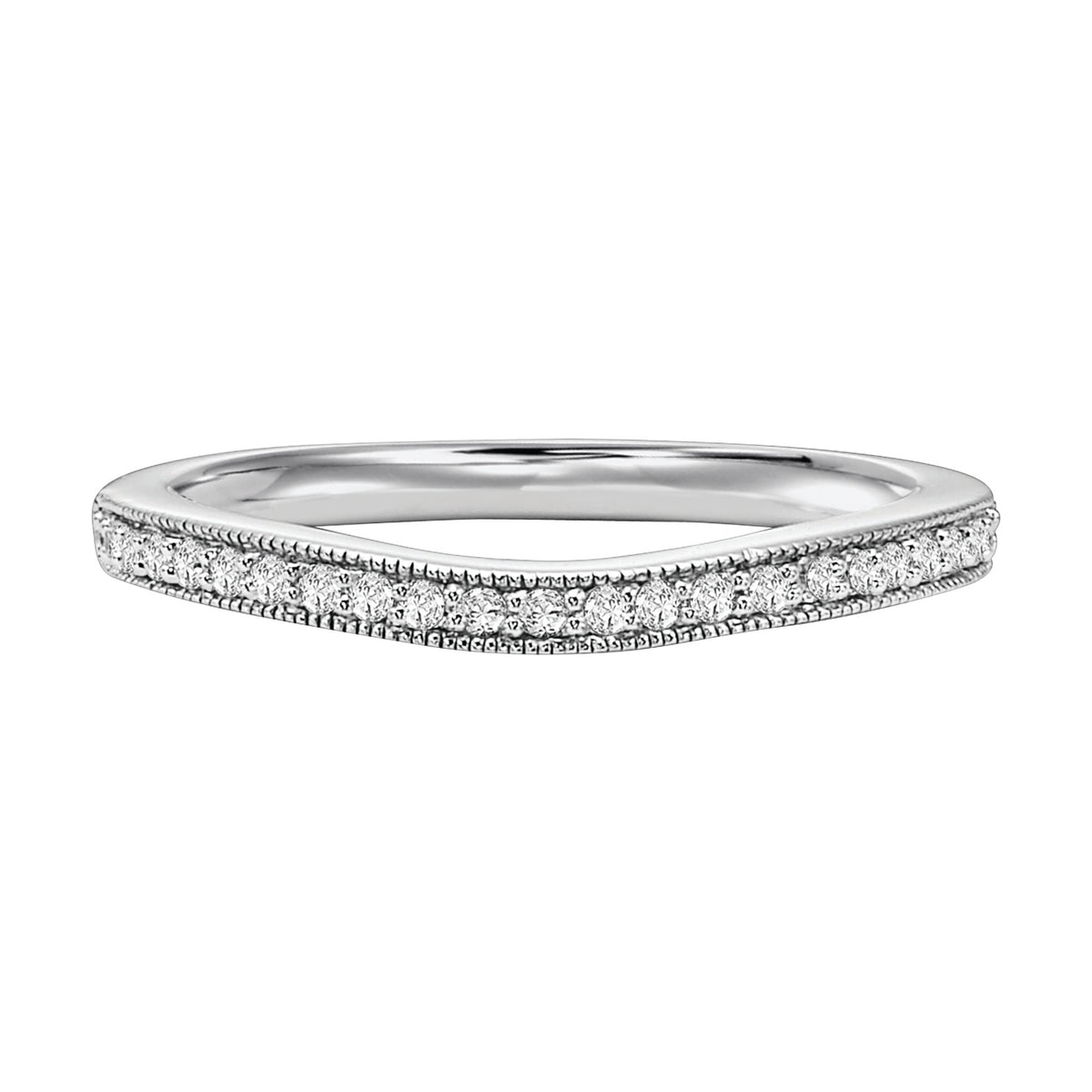Wedding band with bead set diamonds and milgrain designed to fit flush to matching engagement ring.