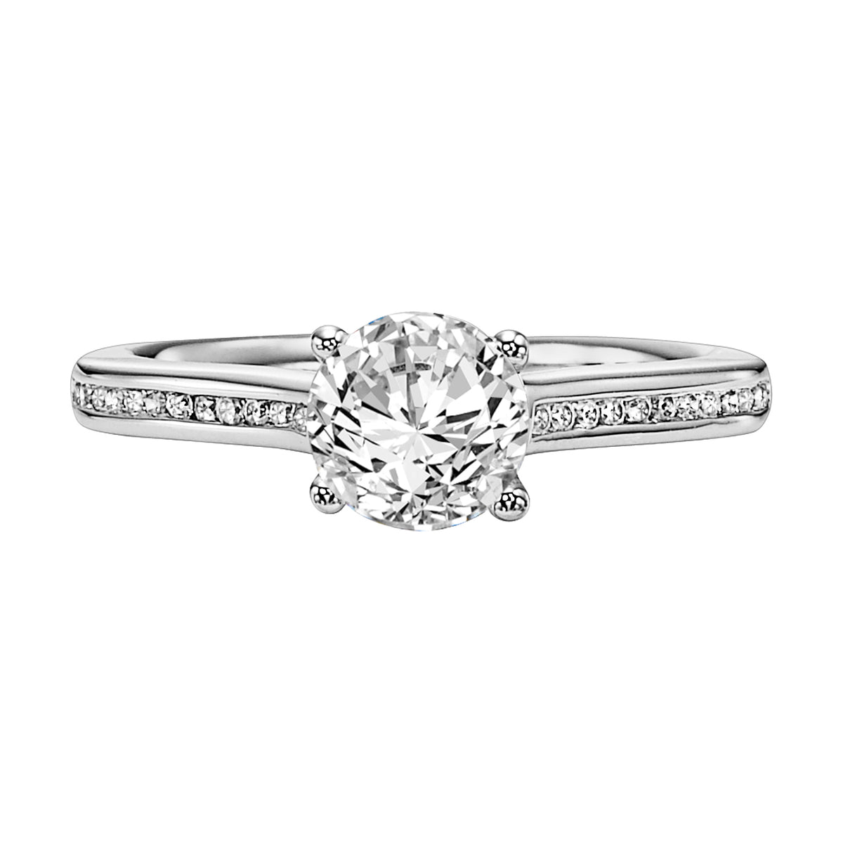 Delicate, channel set diamond band brilliantly accentuates the round diamond center stone