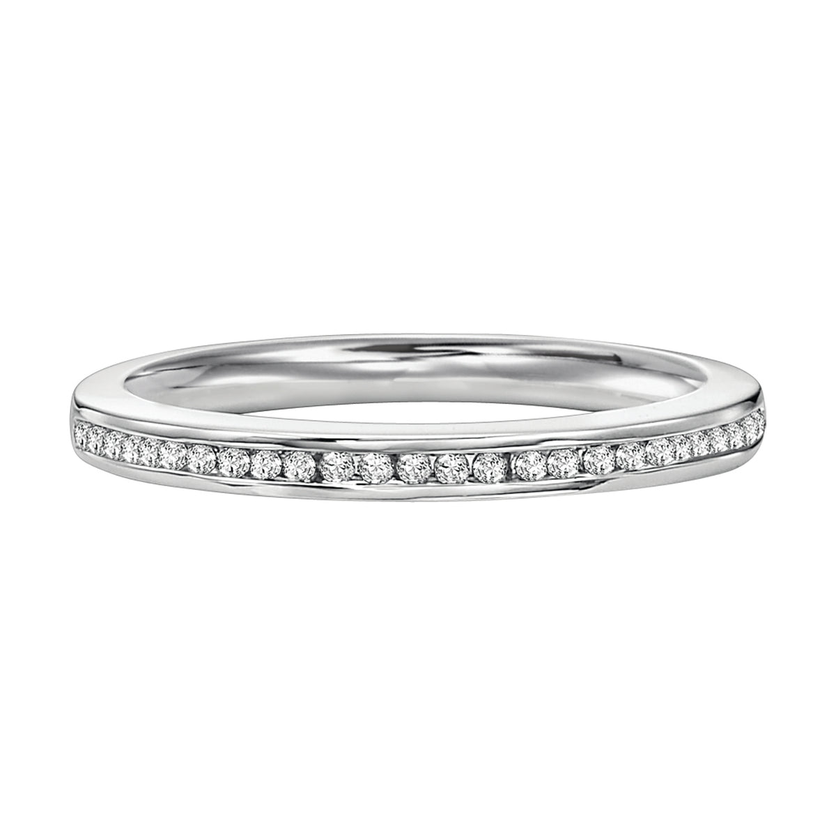 Wedding band with round, channel set diamonds.