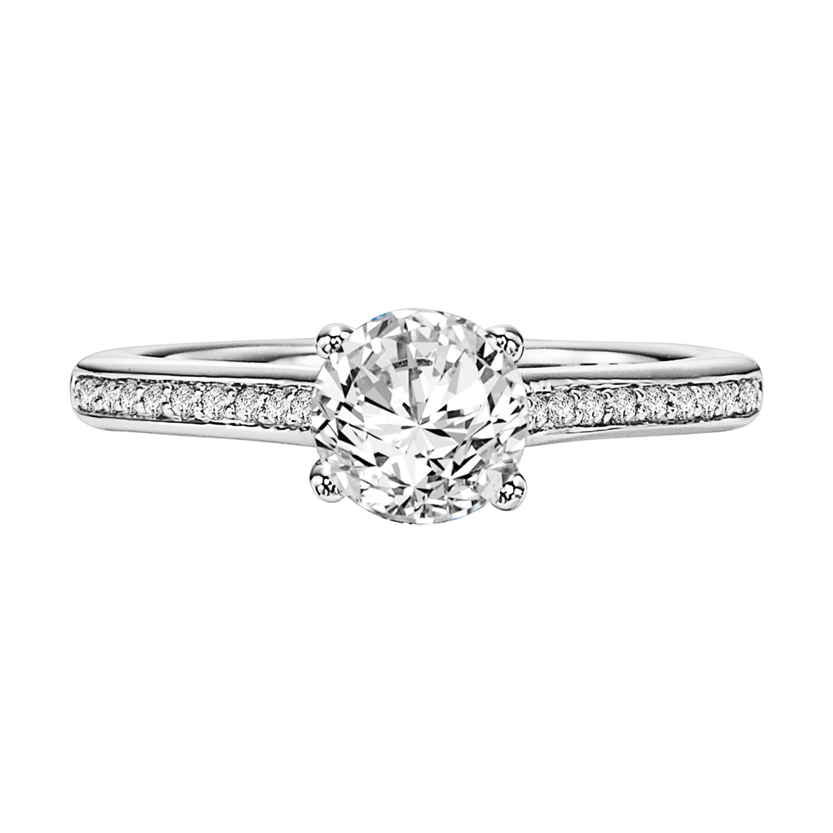 This sophisticated engagement ring features a round center diamond paired with a stunning prong set diamond band
