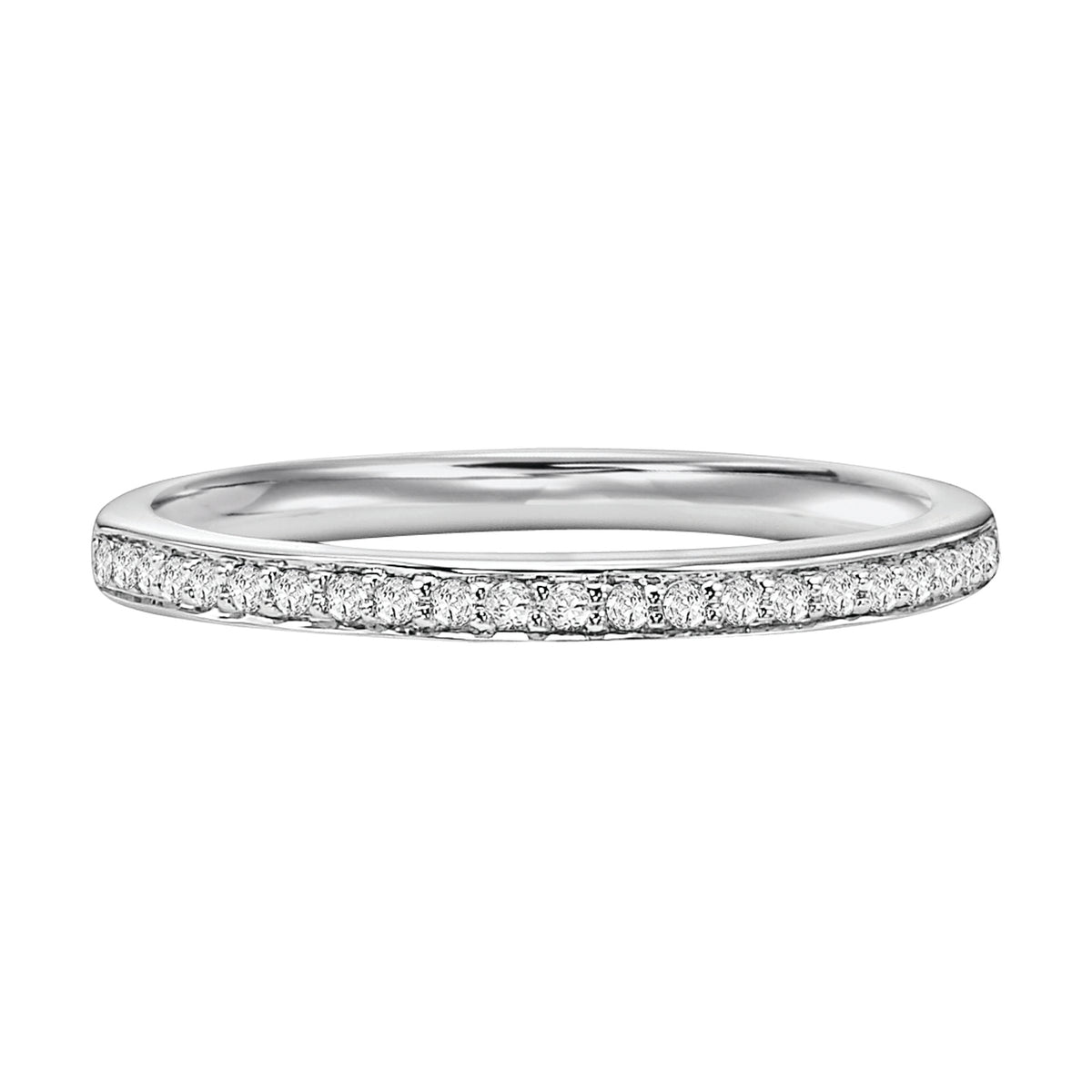 Wedding band with round, bead set diamonds halfway around.