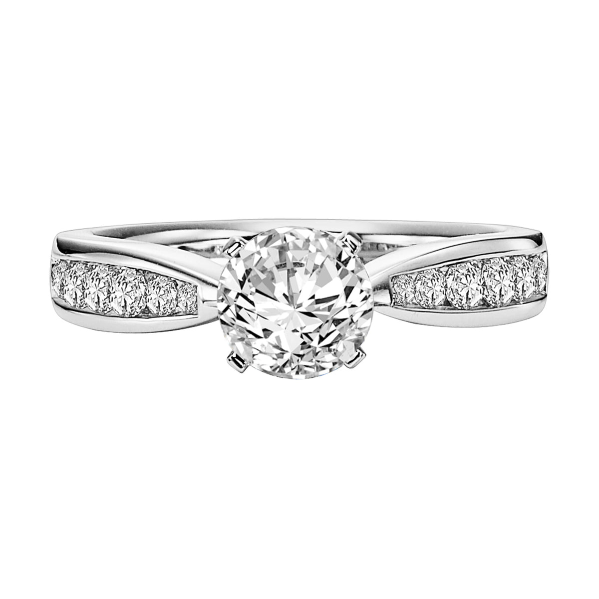 This gracefully tapered channel set diamond band accentuates the center stone for an awe-inspiring look