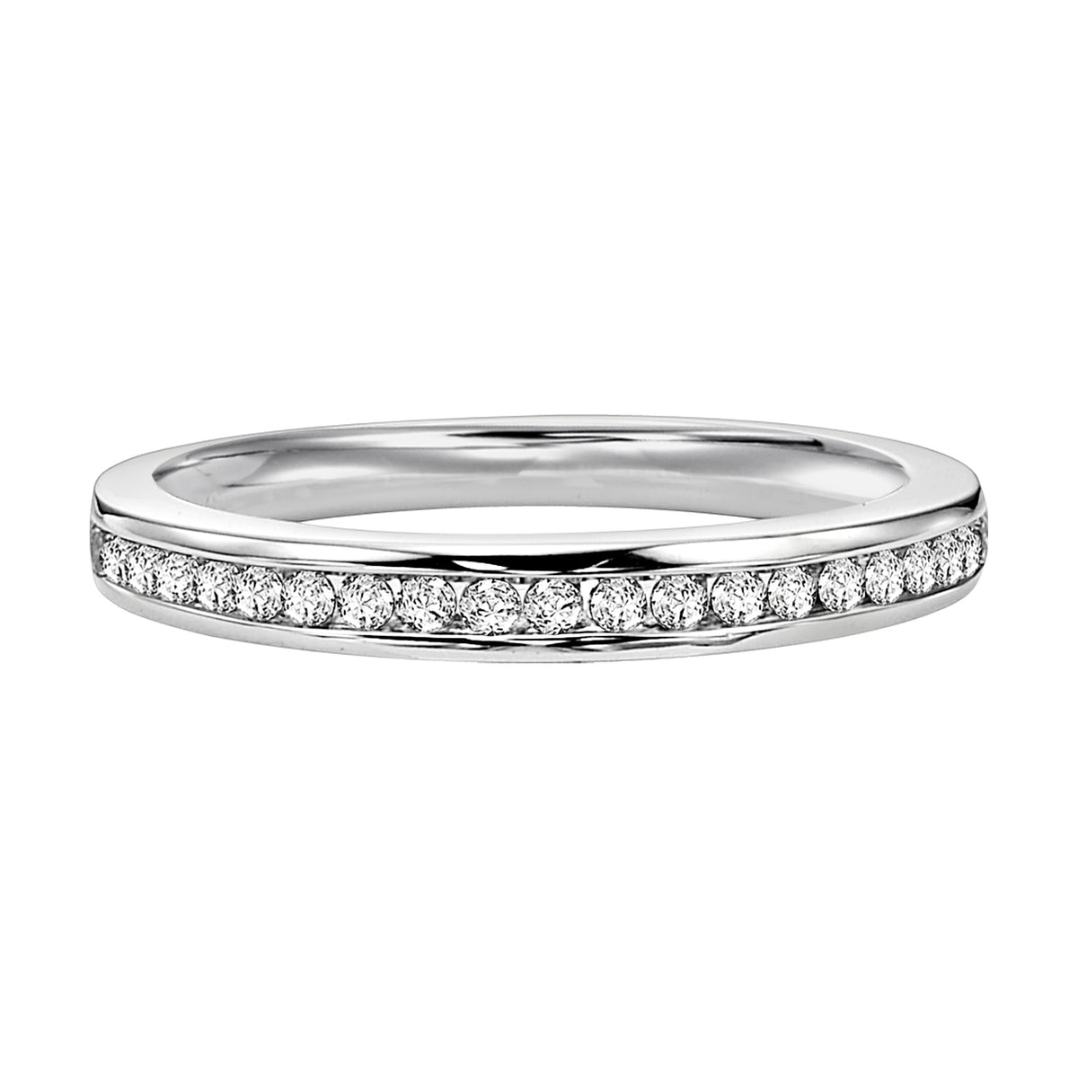 Wedding band with round, channel set diamonds.