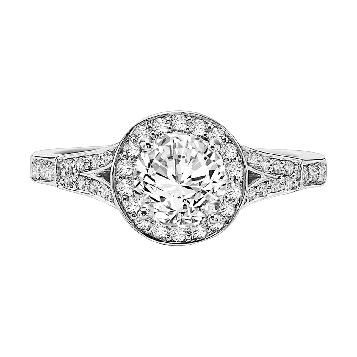 This delicately designed diamond split band setting is paired with a stunning diamond halo gracefully surrounding the round center diamond for the most intense sparkle