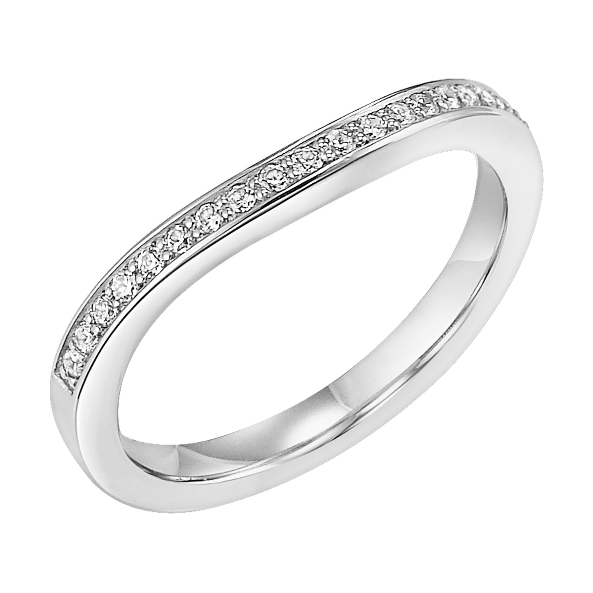 Round diamond wedding band curved to fit flush with matching engagement ring.