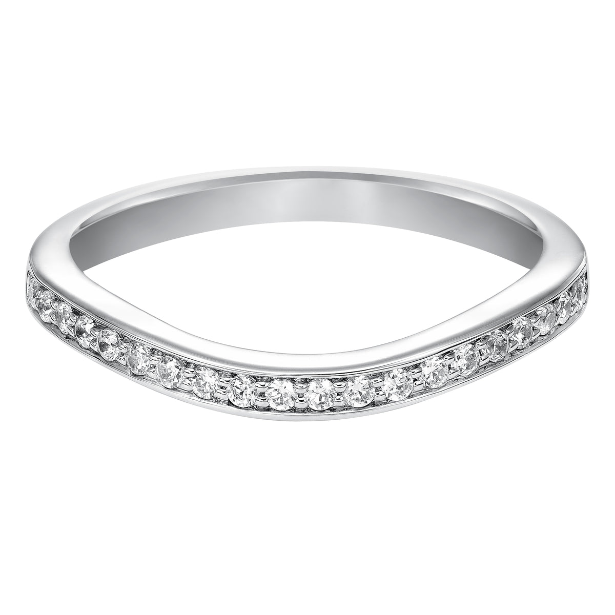 Round diamond wedding band curved to fit flush with matching engagement ring.