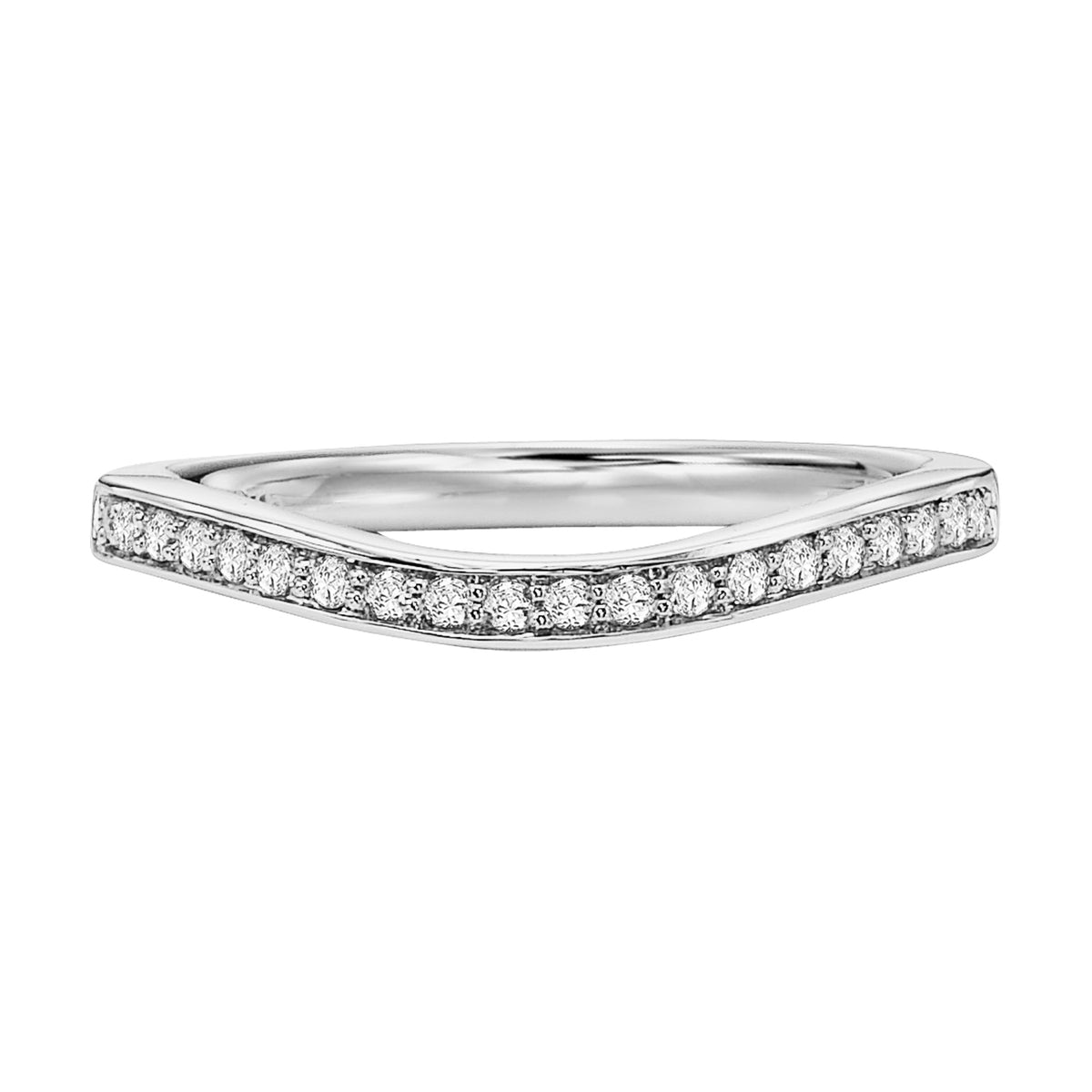 Round diamond wedding band curved to fit flush with matching engagement ring.