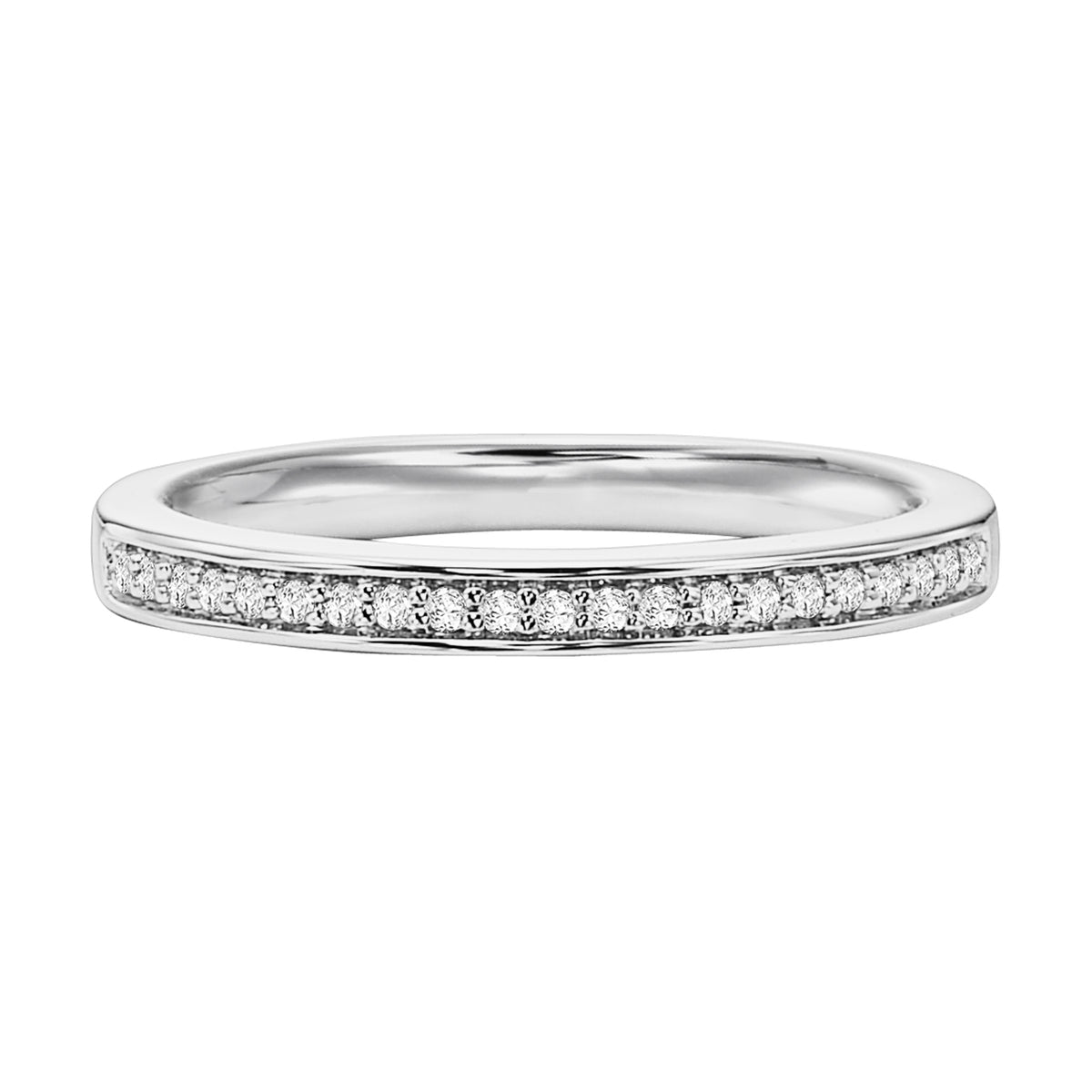 Wedding band with round, bead set diamonds.