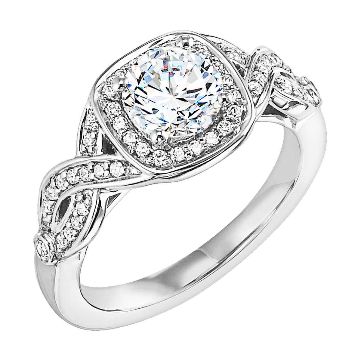Contemporary meets vintage chic with this engagement ring featuring a brilliant round diamond gracefully set in a diamond prong set twist-design band for a bold, show-stopping look