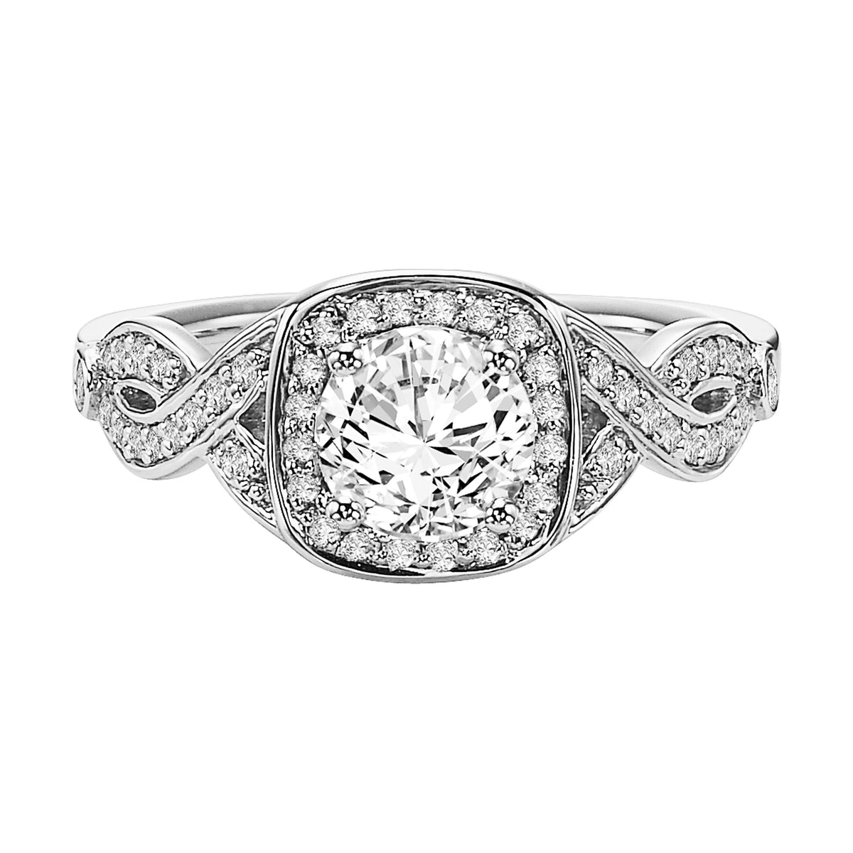 Contemporary meets vintage chic with this engagement ring featuring a brilliant round diamond gracefully set in a diamond prong set twist-design band for a bold, show-stopping look