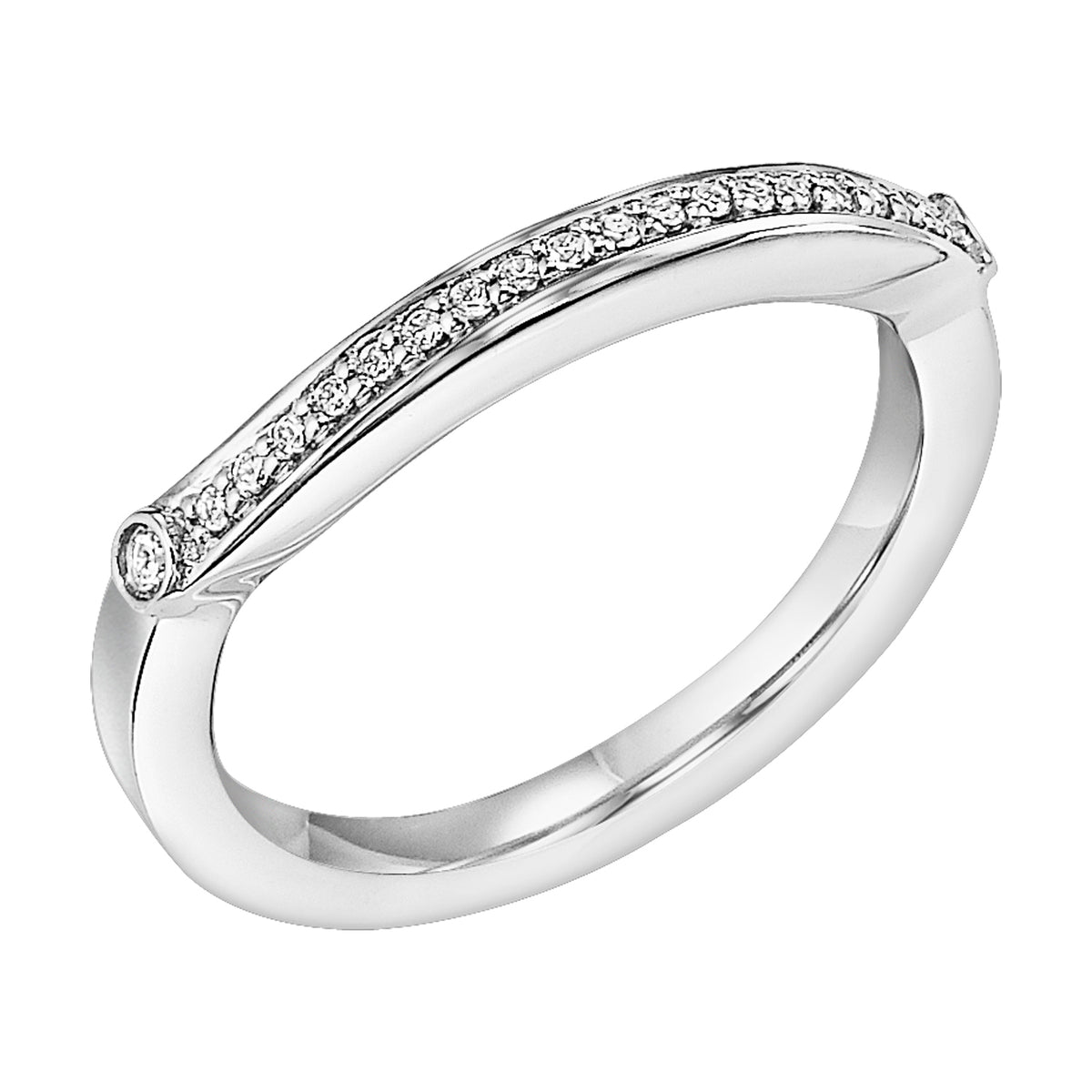 Wedding band with round, bead set diamonds and diamond bezel set design to compliment matching engagement ring.