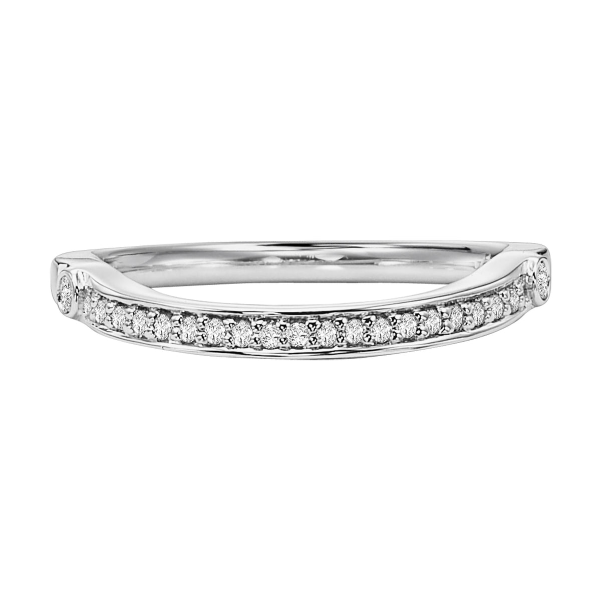 Wedding band with round, bead set diamonds and diamond bezel set design to compliment matching engagement ring.