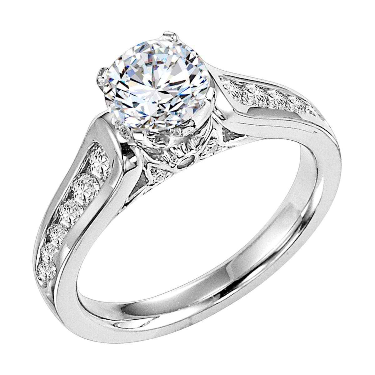 Simply sophisticated, this diamond engagement ring gleams with its timeless, graduated round diamond channel band