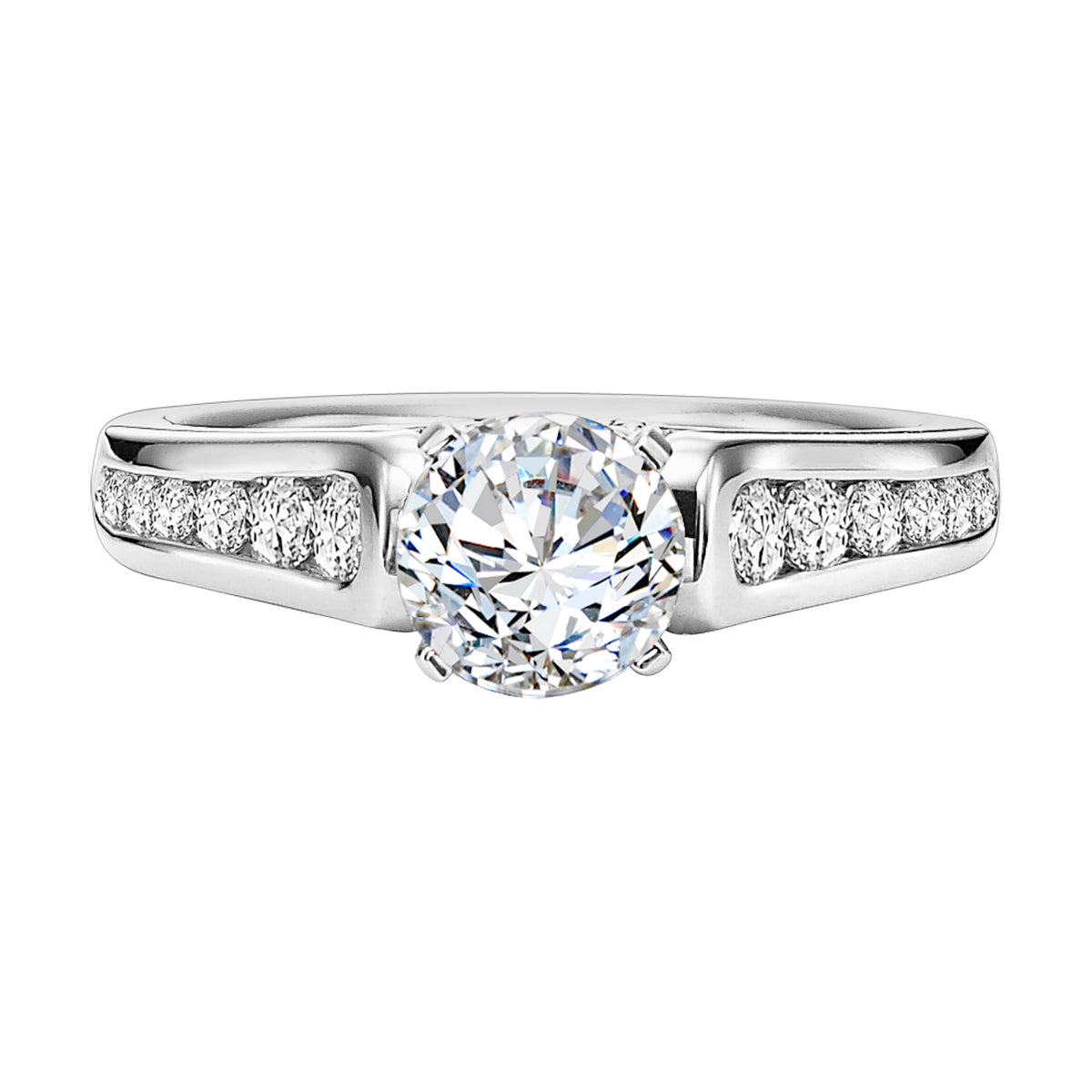 Simply sophisticated, this diamond engagement ring gleams with its timeless, graduated round diamond channel band