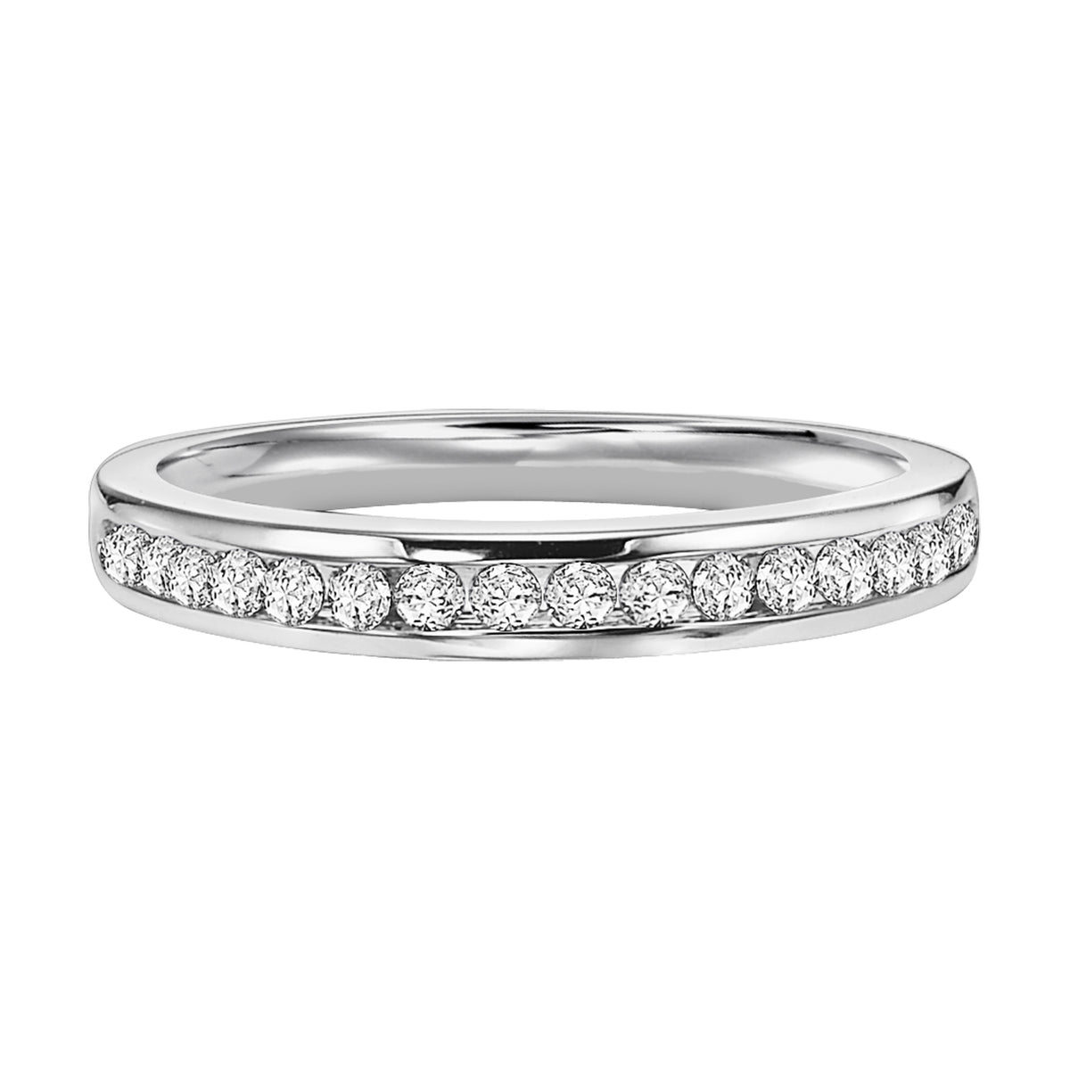 Wedding band with channel set, round diamonds.