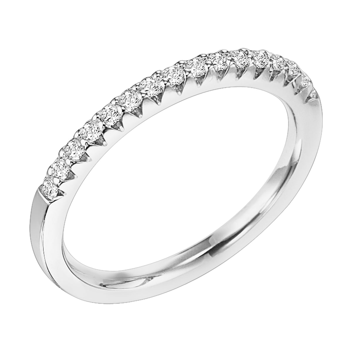 Wedding band with shared prong set, round diamonds.