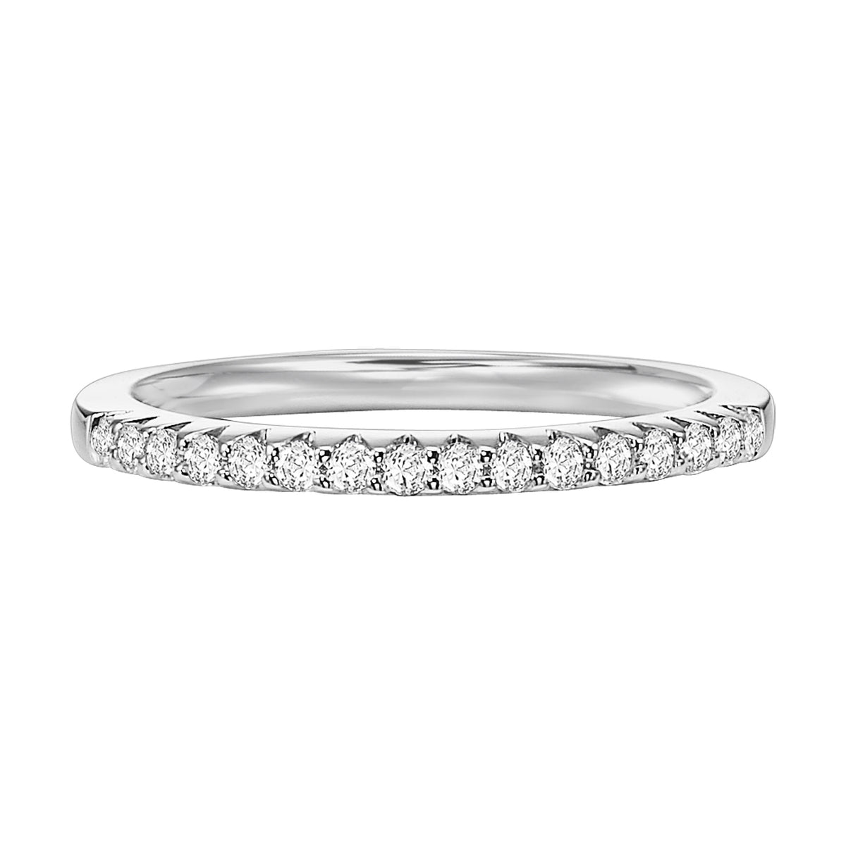 Wedding band with shared prong set, round diamonds.